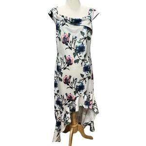 Venus Dress Womens L White Multi Floral  Off Shoulder High Low Hem Modern Chic